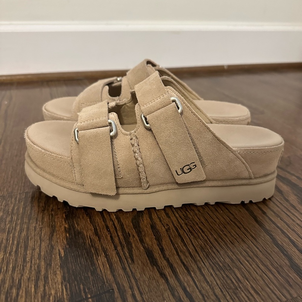 UGG Beige Suede Platform Slides